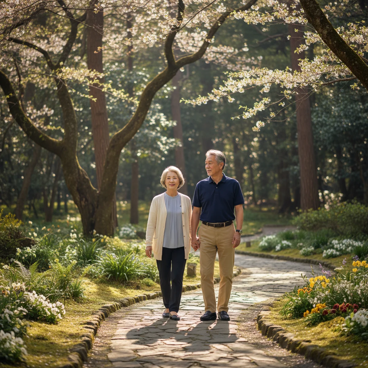 公園をウォーキングするシニア夫婦