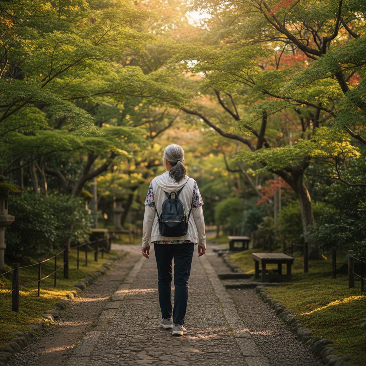 緑のなかを歩くシニア女性