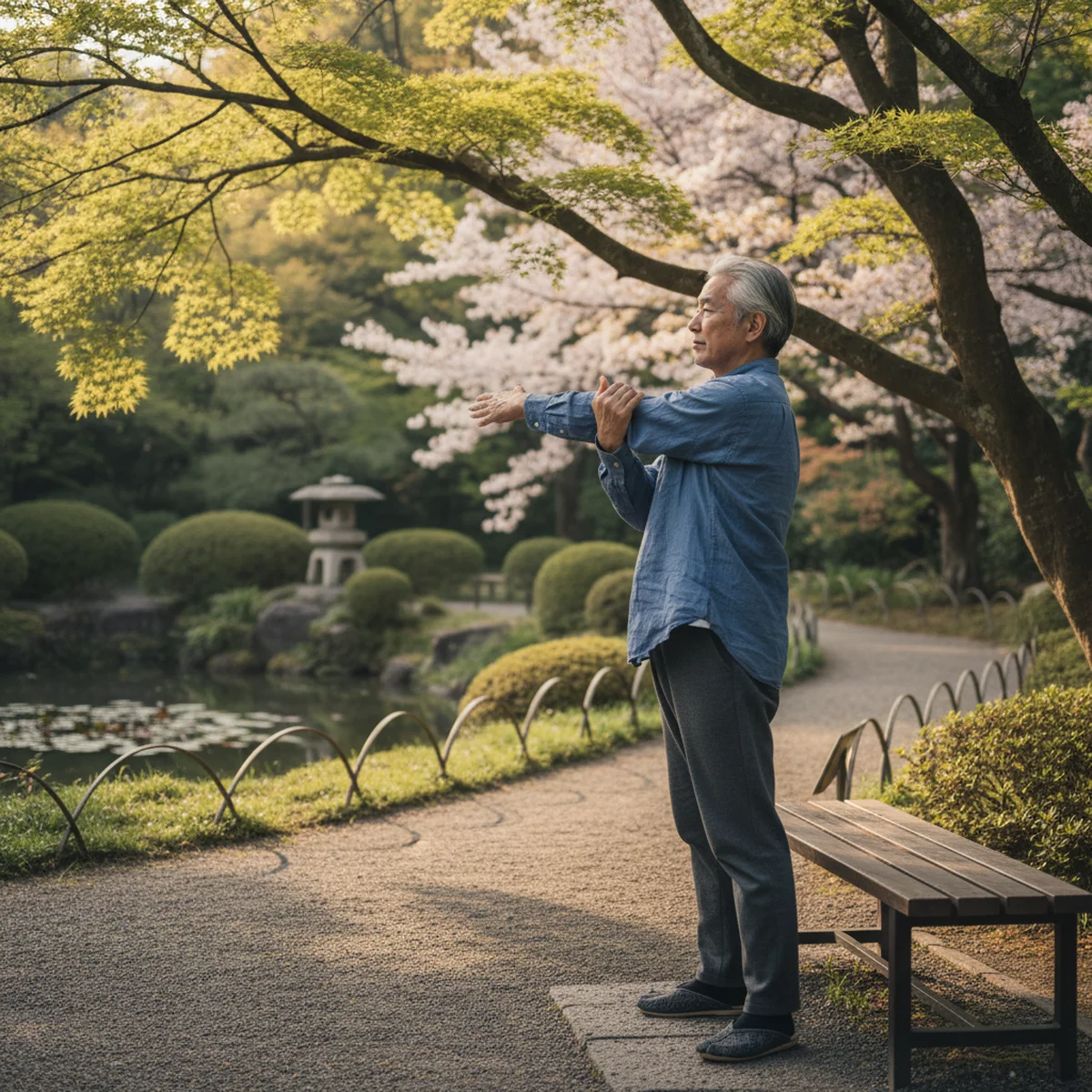 公園のベンチでストレッチをする高齢者