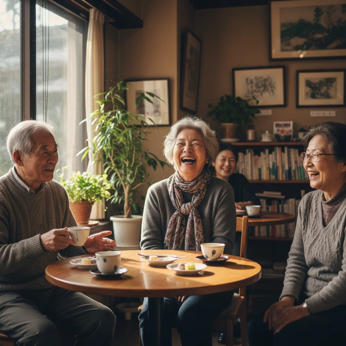 カフェで談笑するシニアの友人たち