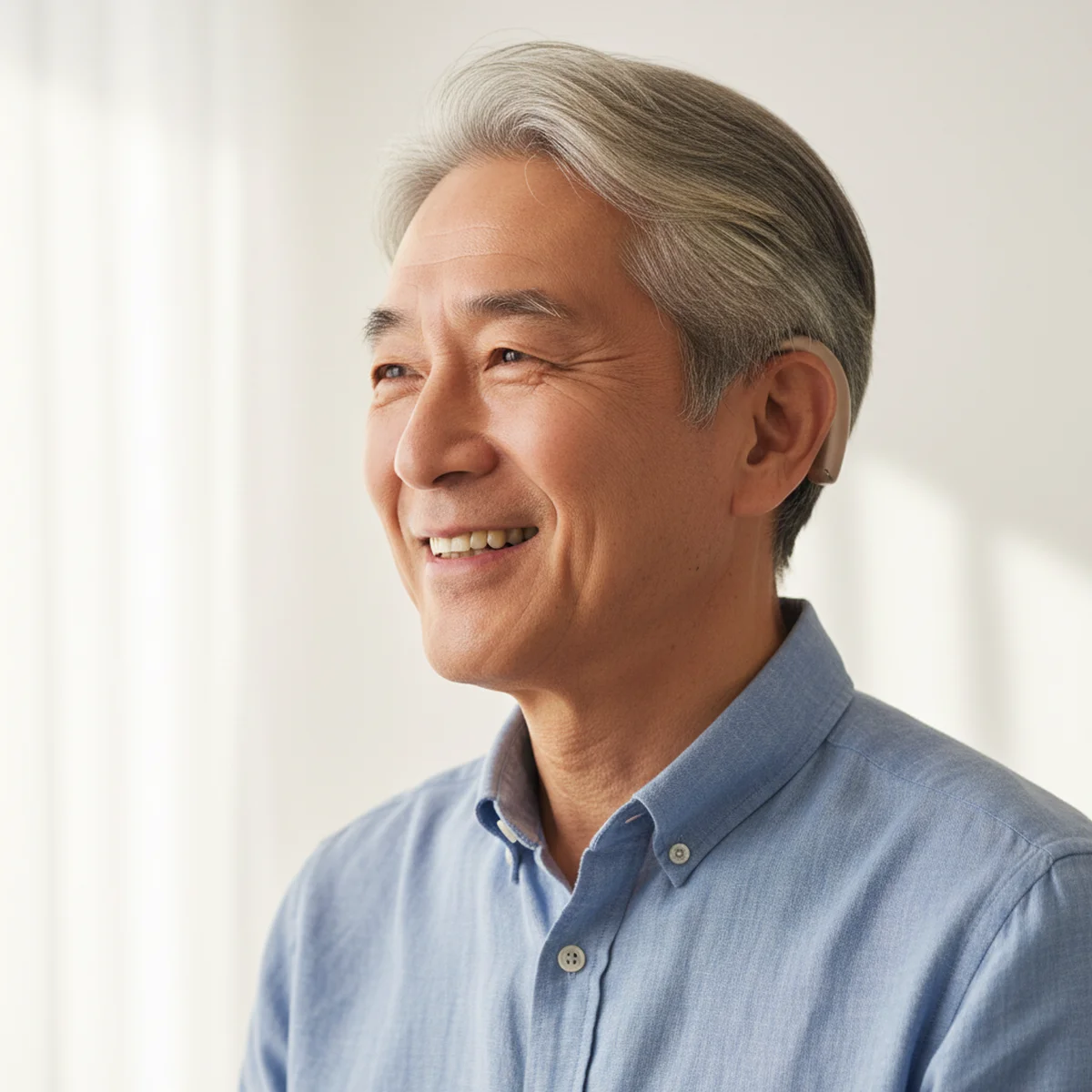 補聴器をつけた笑顔のシニア男性