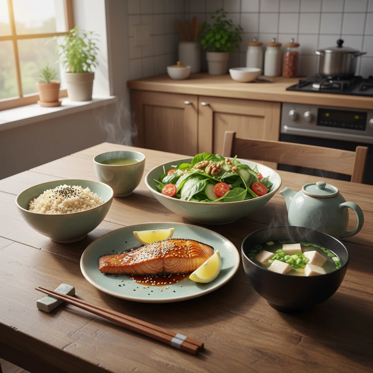 彩り豊かな野菜と果物が並んだ健康的な食卓