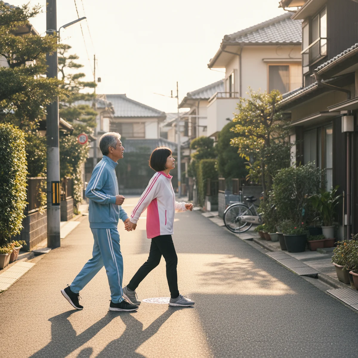 朝の散歩を楽しむシニア夫婦