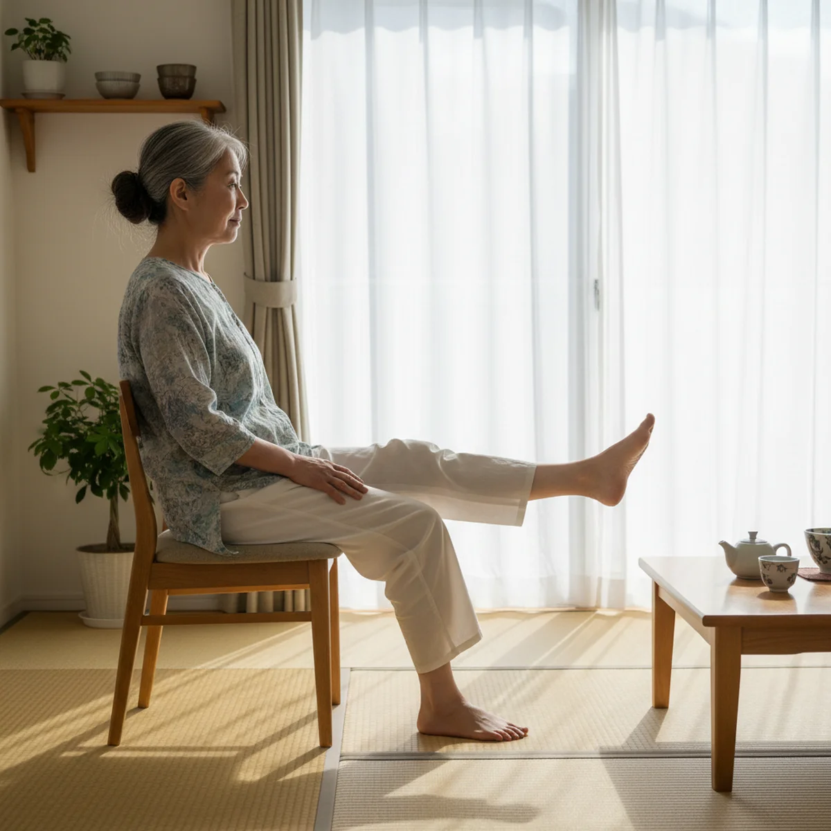自宅で椅子を使った運動をするシニア女性