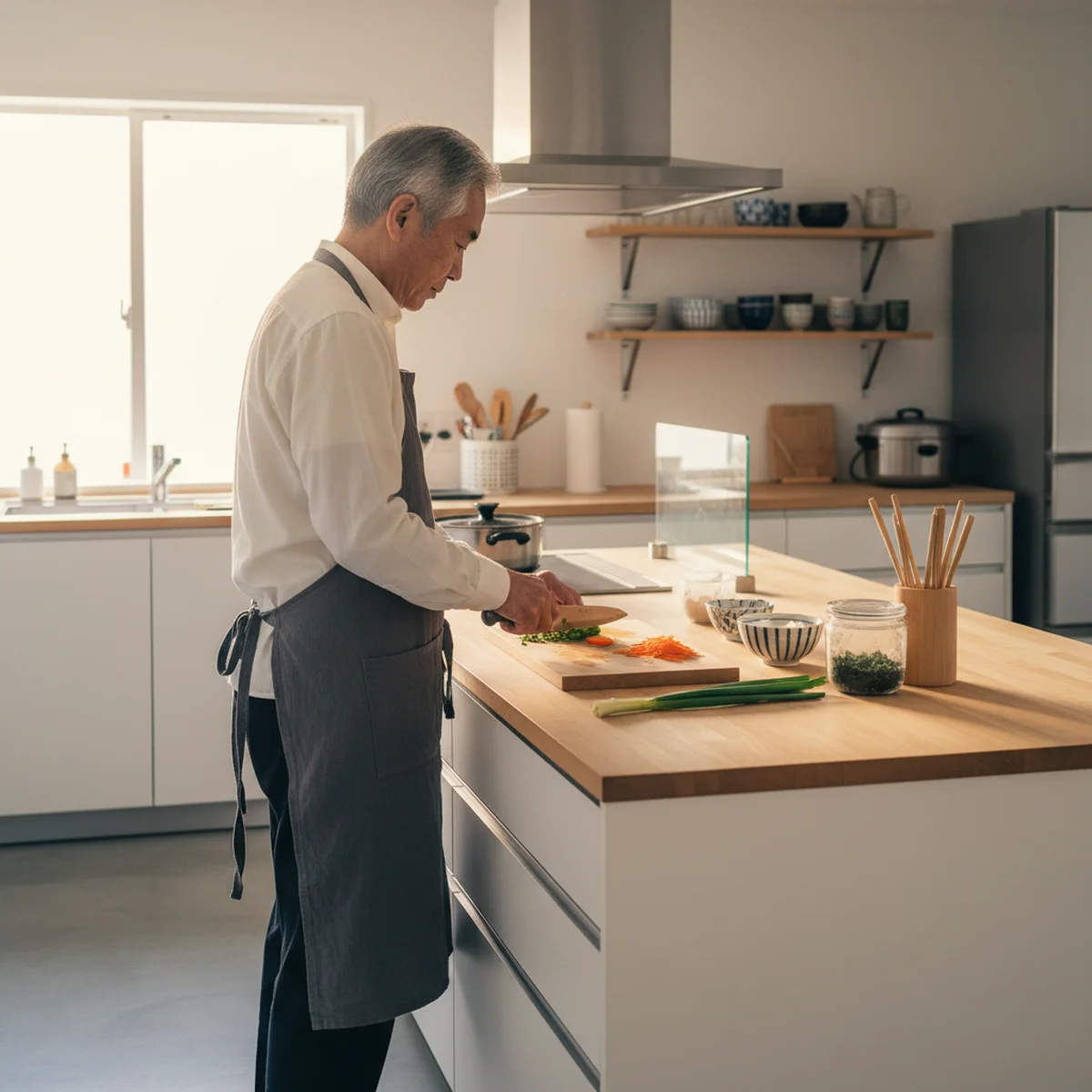キッチンで健康的な朝食を準備するシニア男性