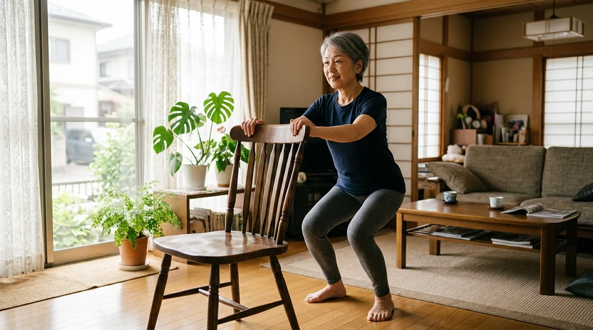 自宅のリビングで椅子を使って筋トレをするシニア女性