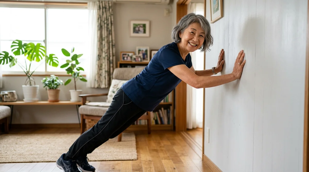 自宅で明るいリビングルームにてヨガマットの上で運動するシニア女性