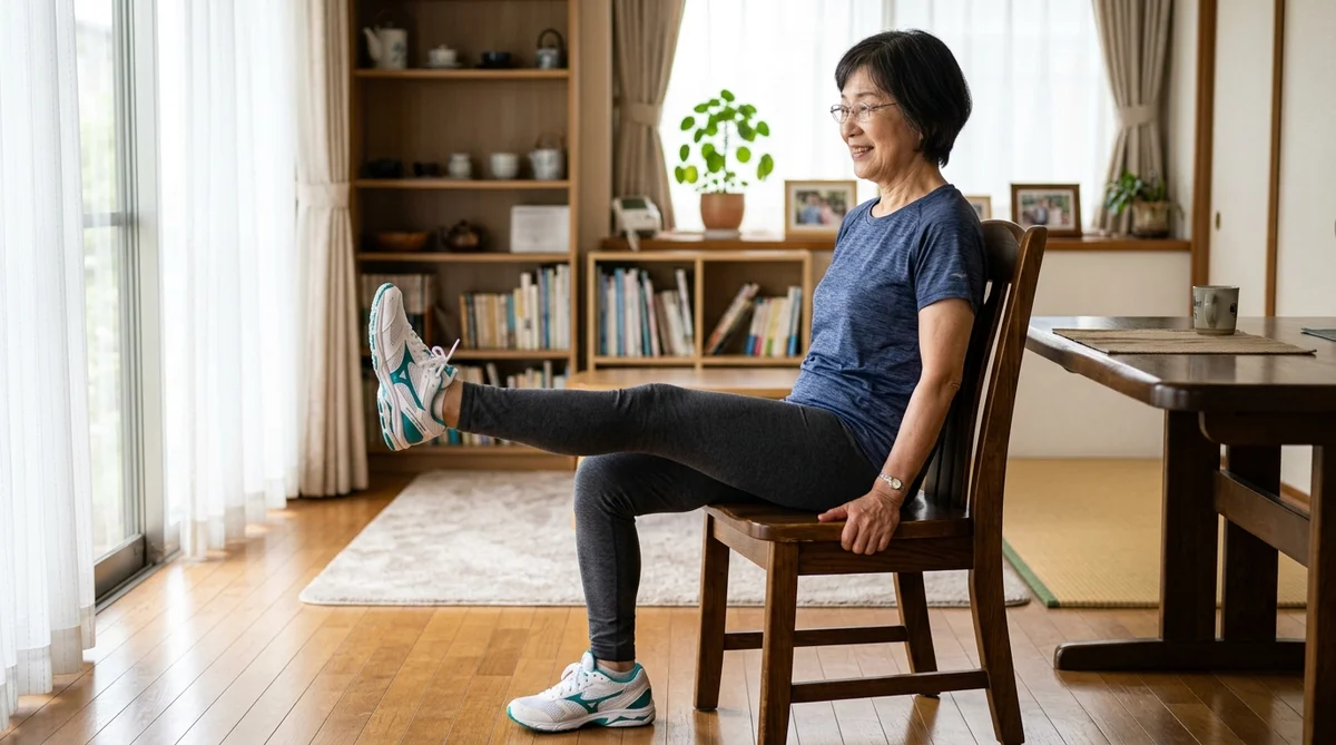 椅子を使ったスクワット動作をするシニア女性の側面