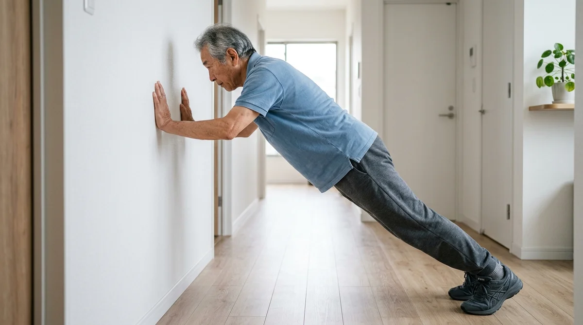 壁に手をついて腕立て伏せをするシニア男性
