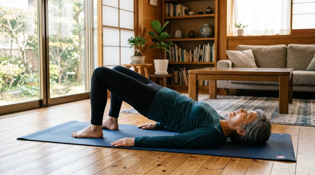 ヨガマットの上でグルートブリッジをするシニア女性