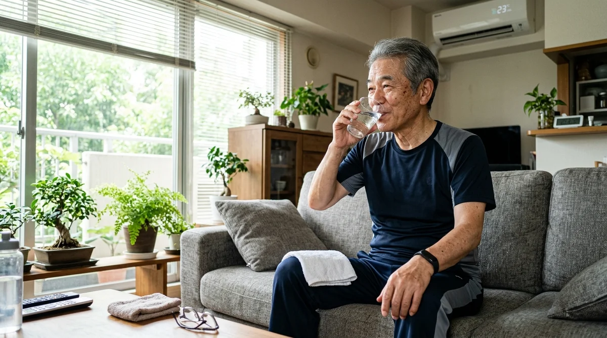 涼しい室内で水分補給をしながら休憩するシニア男性