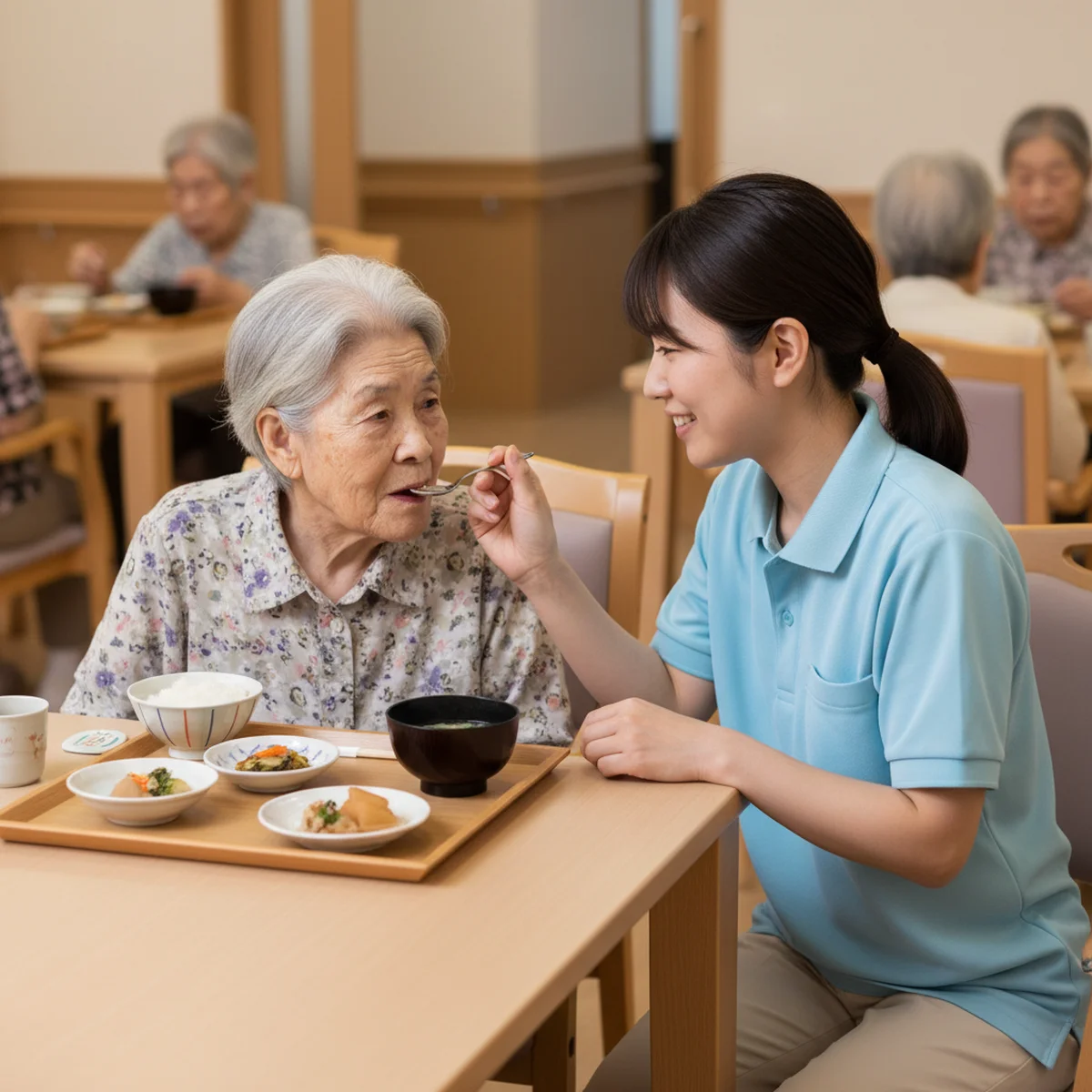 介護施設で食事の介助を受ける高齢者