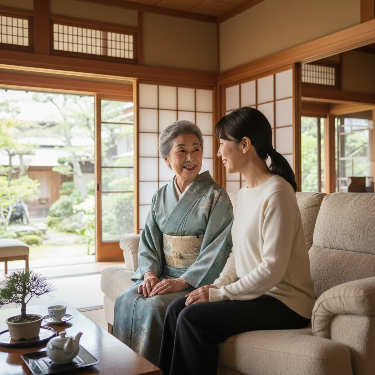 笑顔で寄り添う高齢者と若い世代