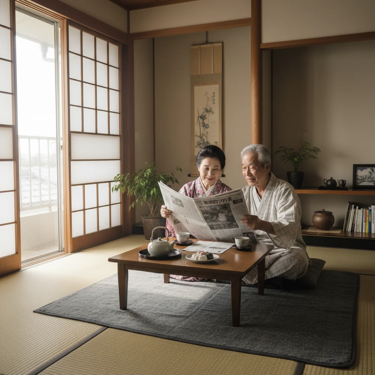 高齢者のカップルが新聞を読んでいる穏やかな日常