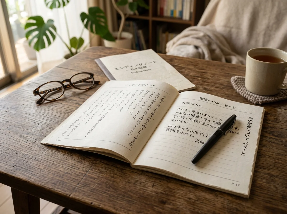 エンディングノートを開いて記入している手元のアップ