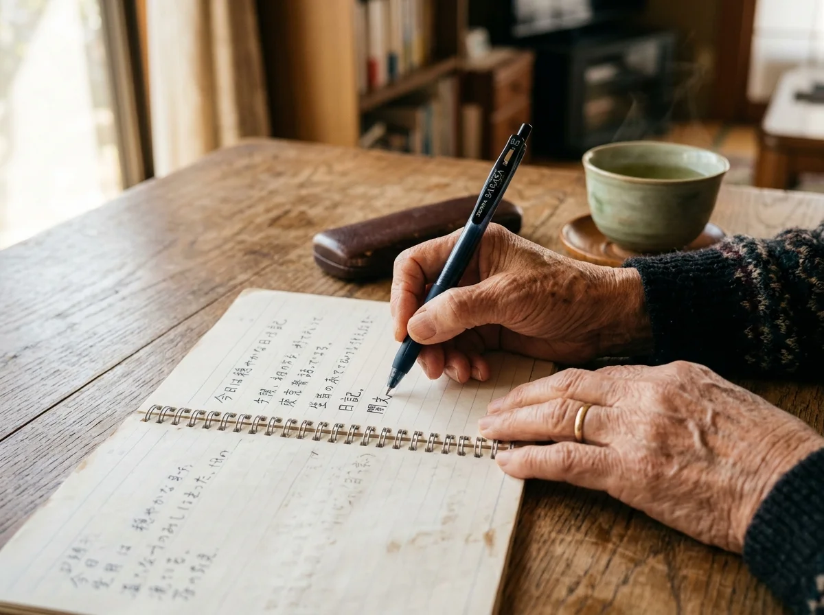 エンディングノートとペンを手に終活の準備を進める様子