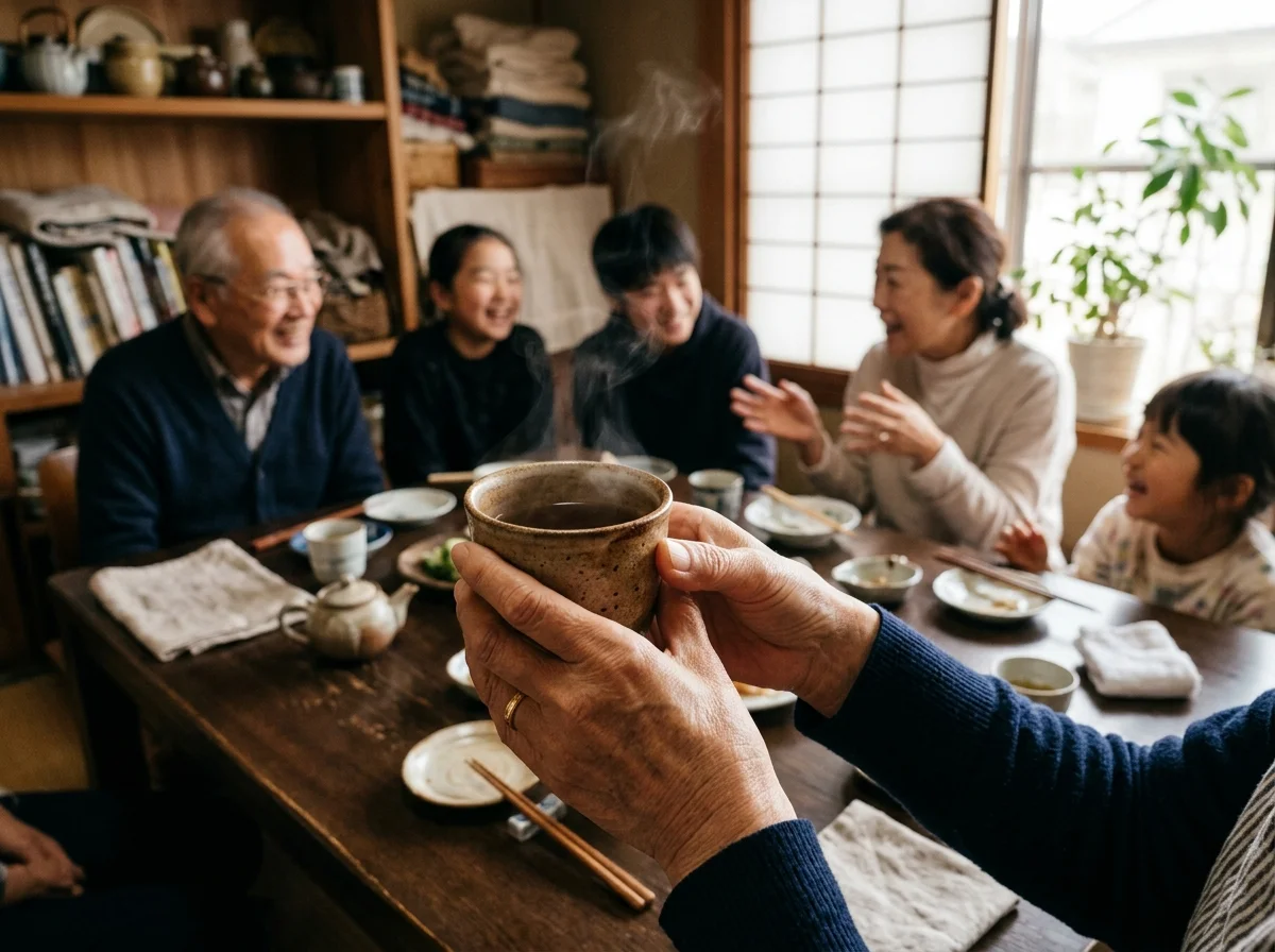 家族が食卓を囲んで会話している様子