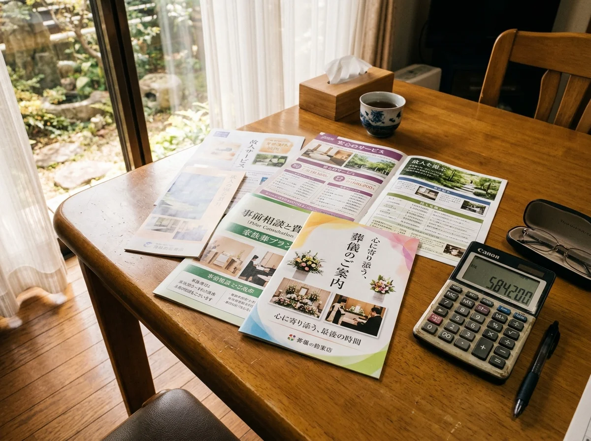 葬儀社のパンフレットを確認するイメージ