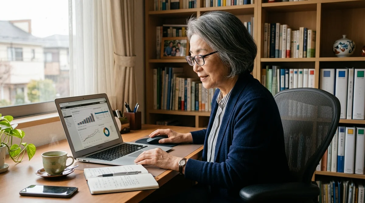 シニア夫婦が家計相談書類を一緒に確認している様子