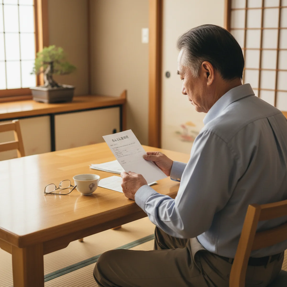 ねんきん定期便を確認するシニア男性