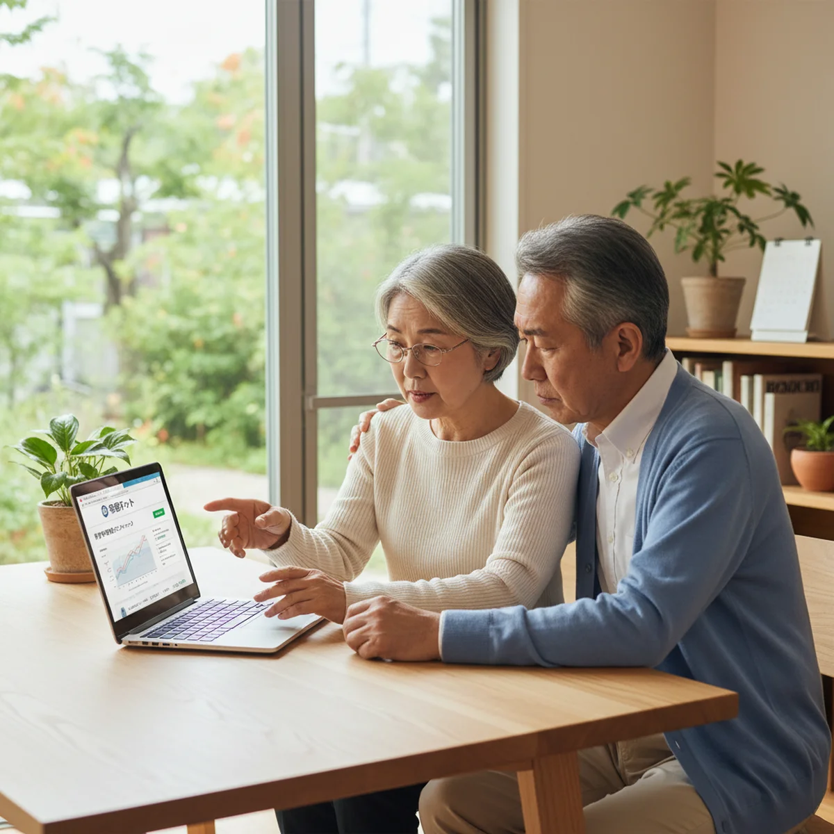 パソコンでねんきんネットを確認するシニア夫婦