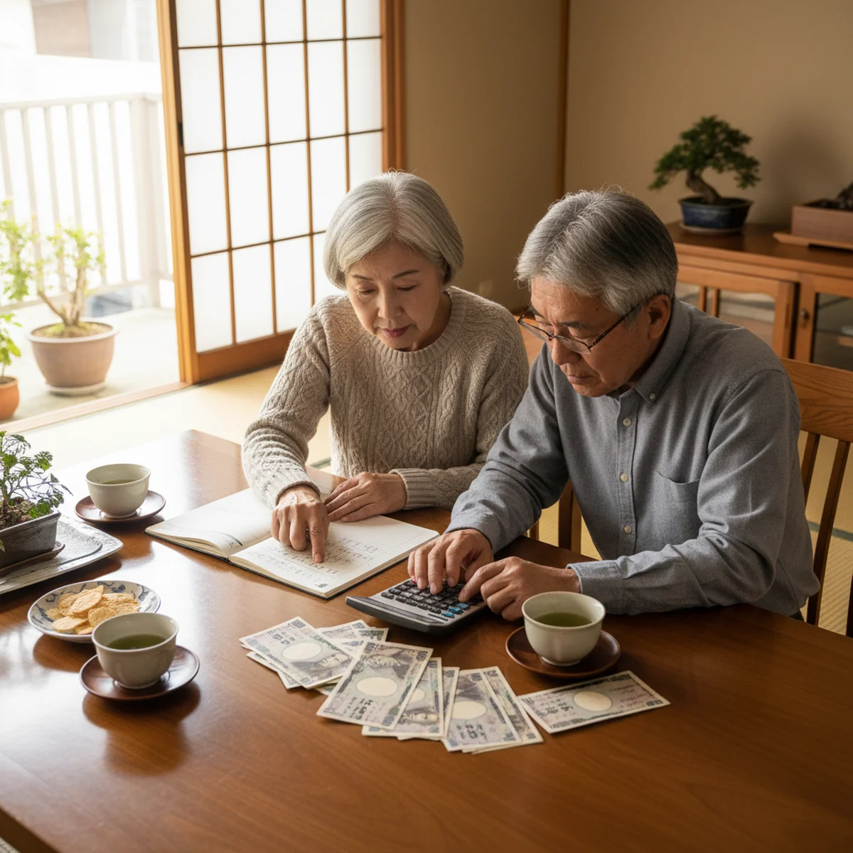 電卓と紙幣で家計を見直す様子