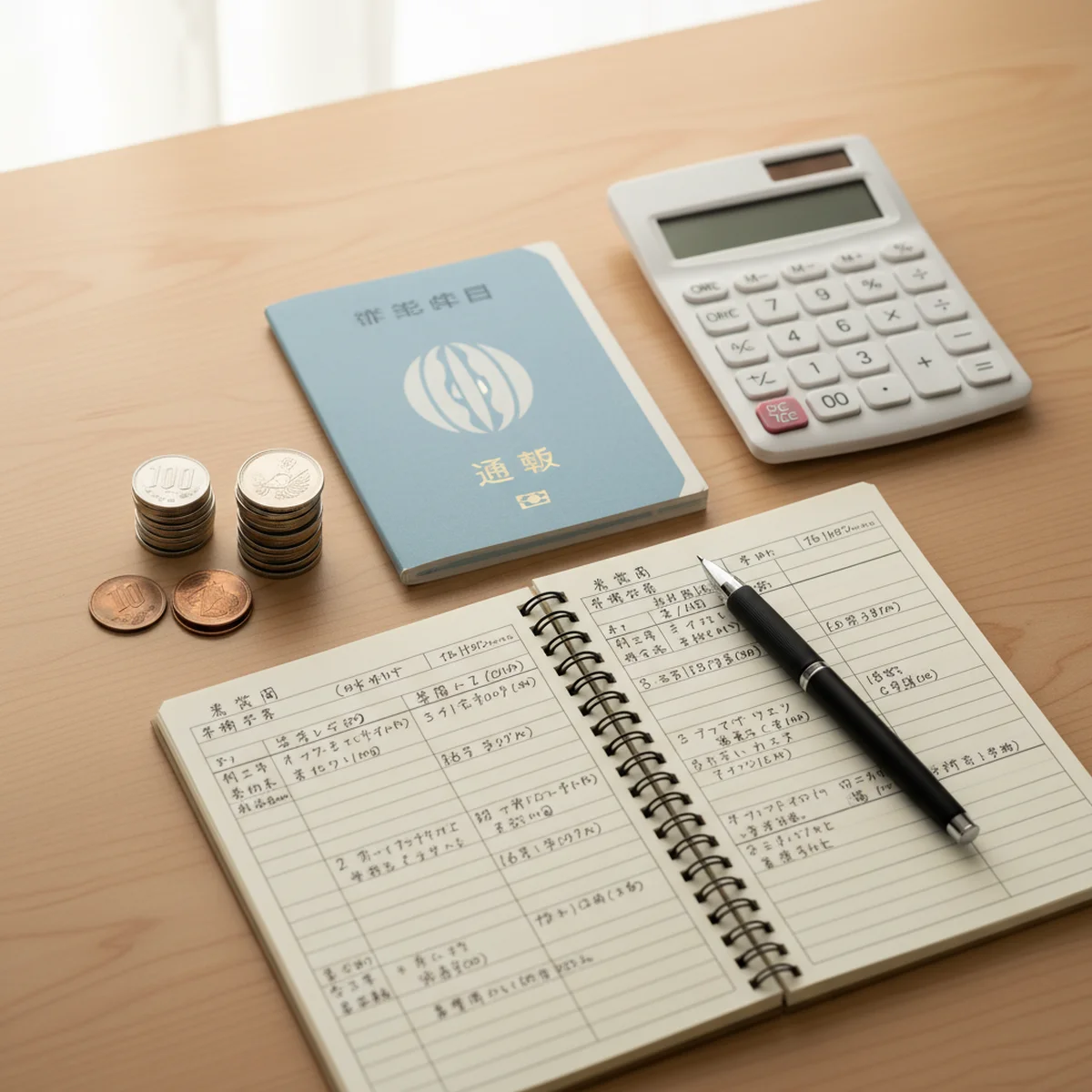 ノートと電卓で老後の家計をシミュレーションしている様子
