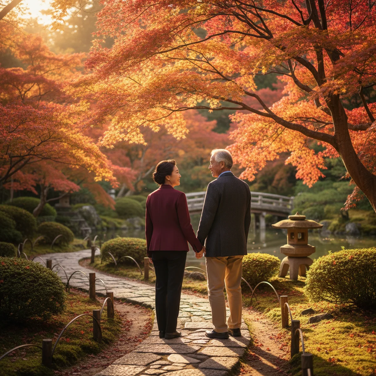 日本庭園を散歩するシニア夫婦の後ろ姿